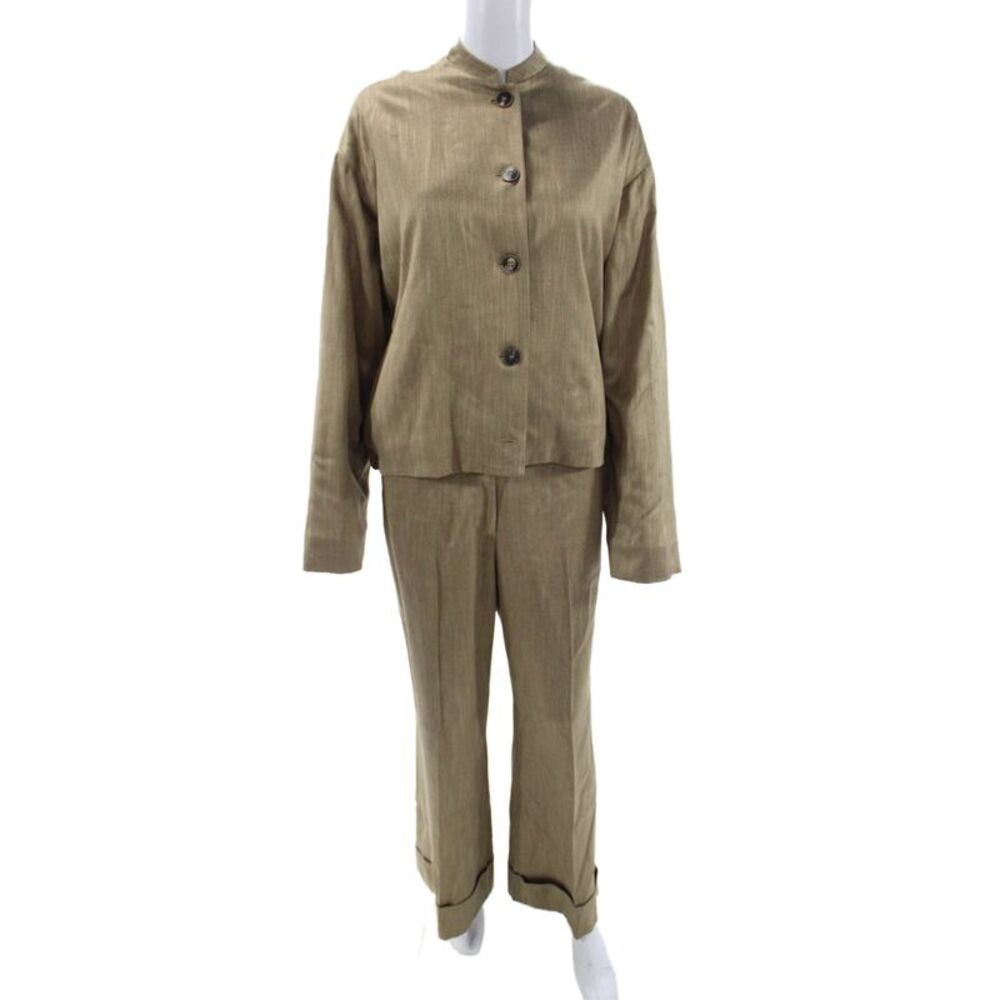 QL2 Unisex 2 Piece Suit Jacket Pants Brown Viscose Bamboo Mock Neck Size 42